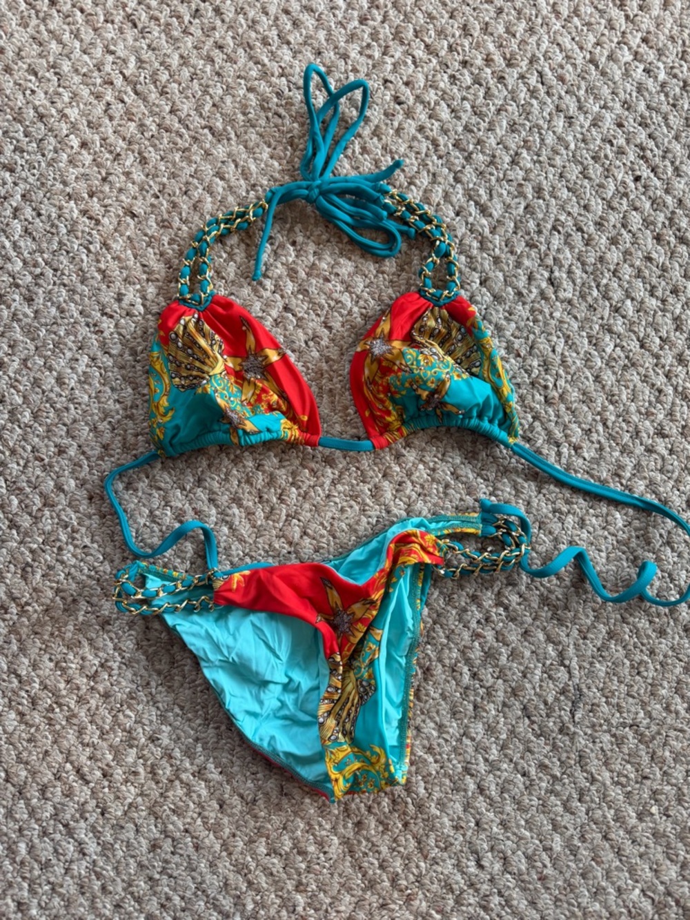 Sauvage Turquoise & Red Printed Chain-Detail Bikini